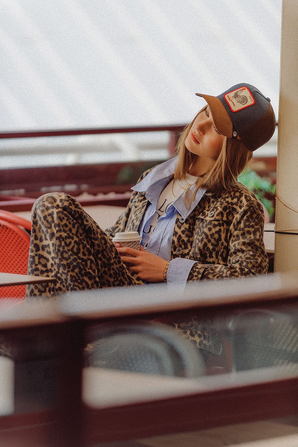 Q2 Women's Outerwear Brown Jacket With Leopard Print In Denim Fabric