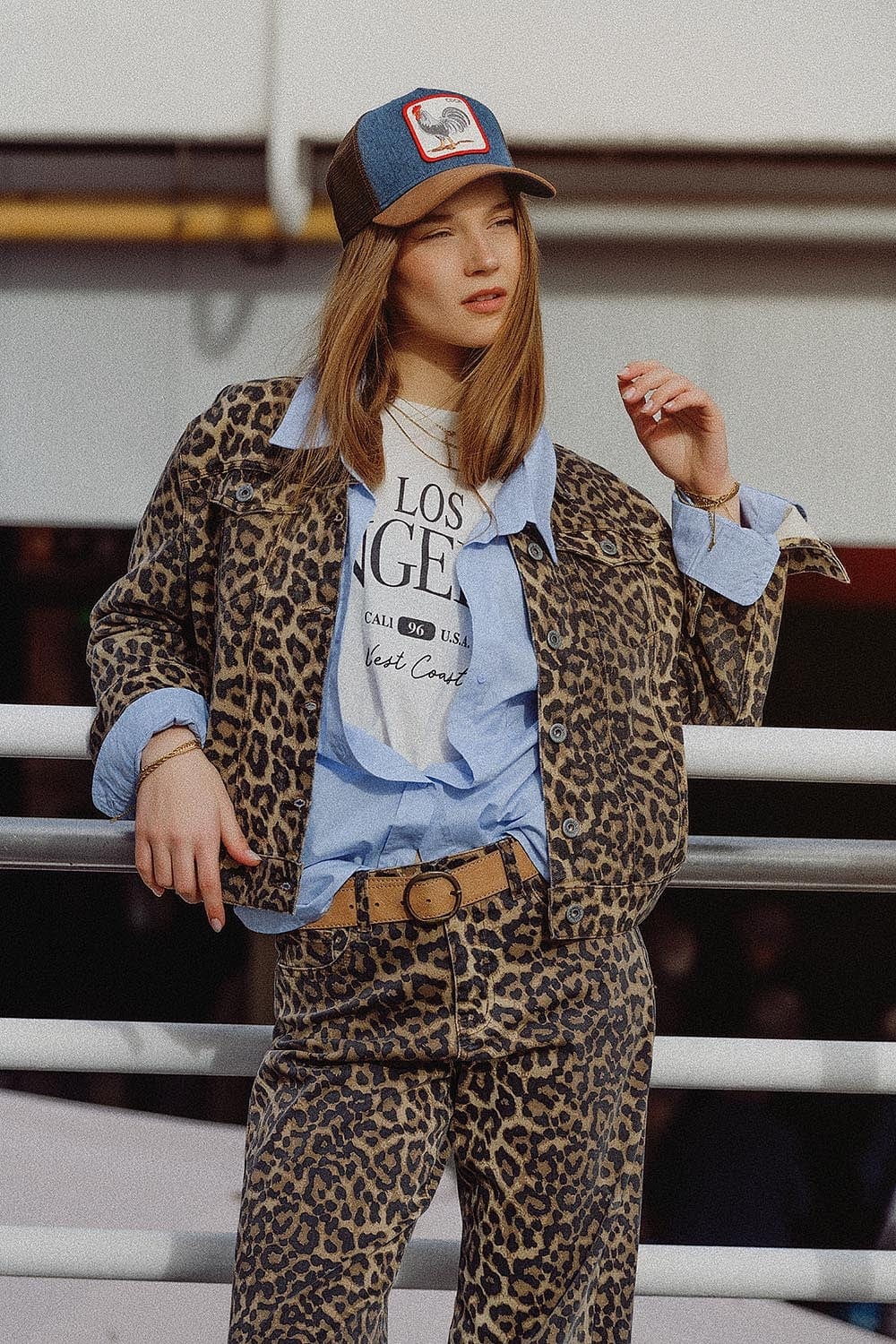 Q2 Women's Outerwear Brown Jacket With Leopard Print In Denim Fabric