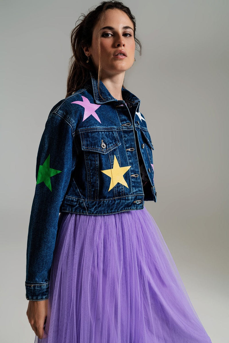 Q2 Women's Outerwear Crop Denim Jacket With Multicolored Stars