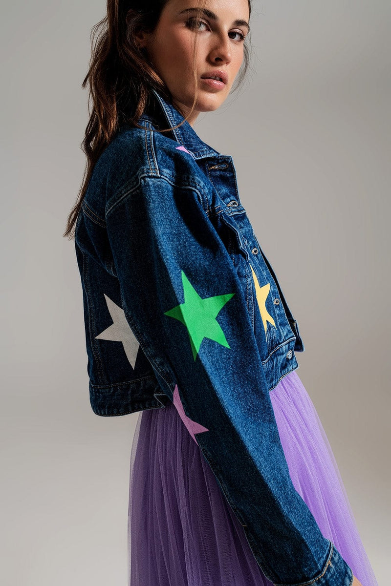 Q2 Women's Outerwear Crop Denim Jacket With Multicolored Stars