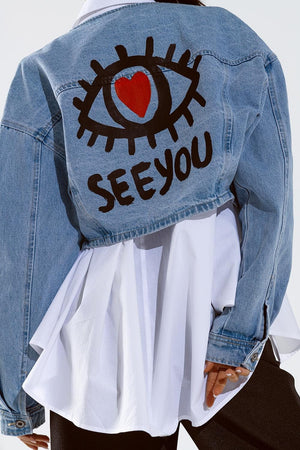 Q2 Women's Outerwear Cropped Denim Jacket With Hand Painted Print At Front And Back