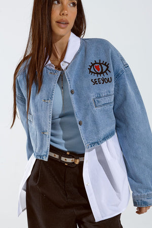 Q2 Women's Outerwear Cropped Denim Jacket With Hand Painted Print At Front And Back