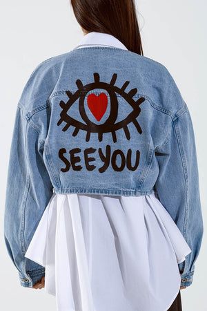 Q2 Women's Outerwear Cropped Denim Jacket With Hand Painted Print At Front And Back