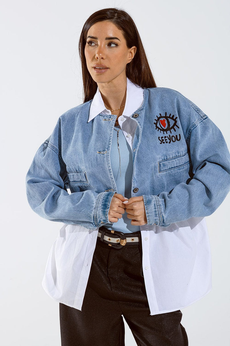 Q2 Women's Outerwear Cropped Denim Jacket With Hand Painted Print At Front And Back