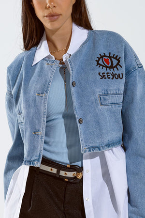 Q2 Women's Outerwear Cropped Denim Jacket With Hand Painted Print At Front And Back