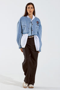 Q2 Women's Outerwear Cropped Denim Jacket With Hand Painted Print At Front And Back