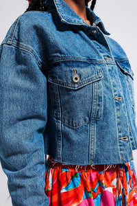 Q2 Women's Outerwear Cropped Denim Jacket with Raw Hem in Mid Wash