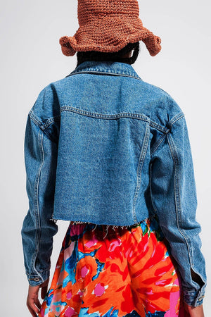 Q2 Women's Outerwear Cropped Denim Jacket with Raw Hem in Mid Wash