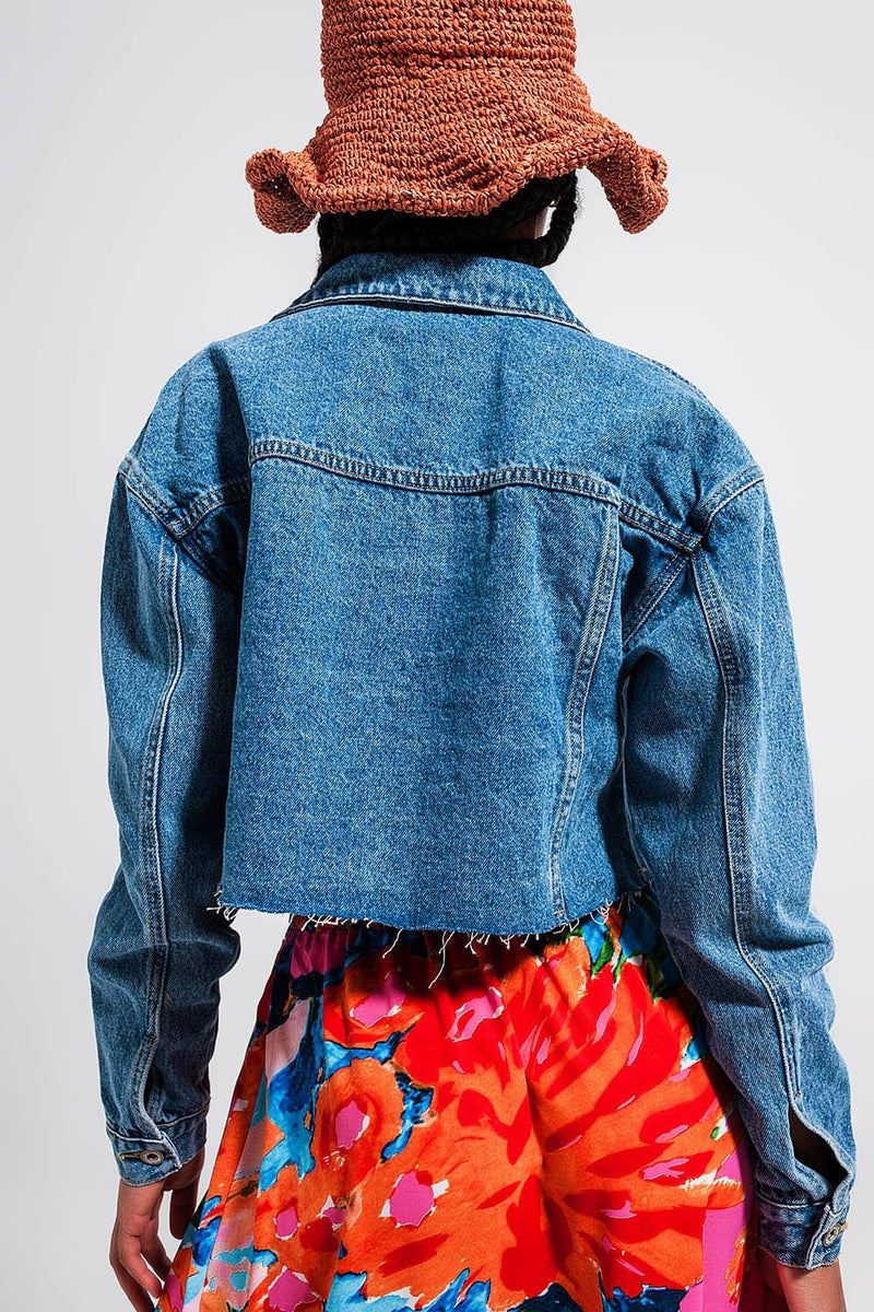 Q2 Women's Outerwear Cropped Denim Jacket with Raw Hem in Mid Wash