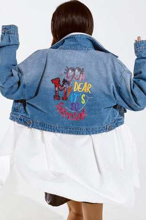 Q2 Women's Outerwear Cropped Denim Jacket With Zipper Closure And Hand Painted Print At The  Back