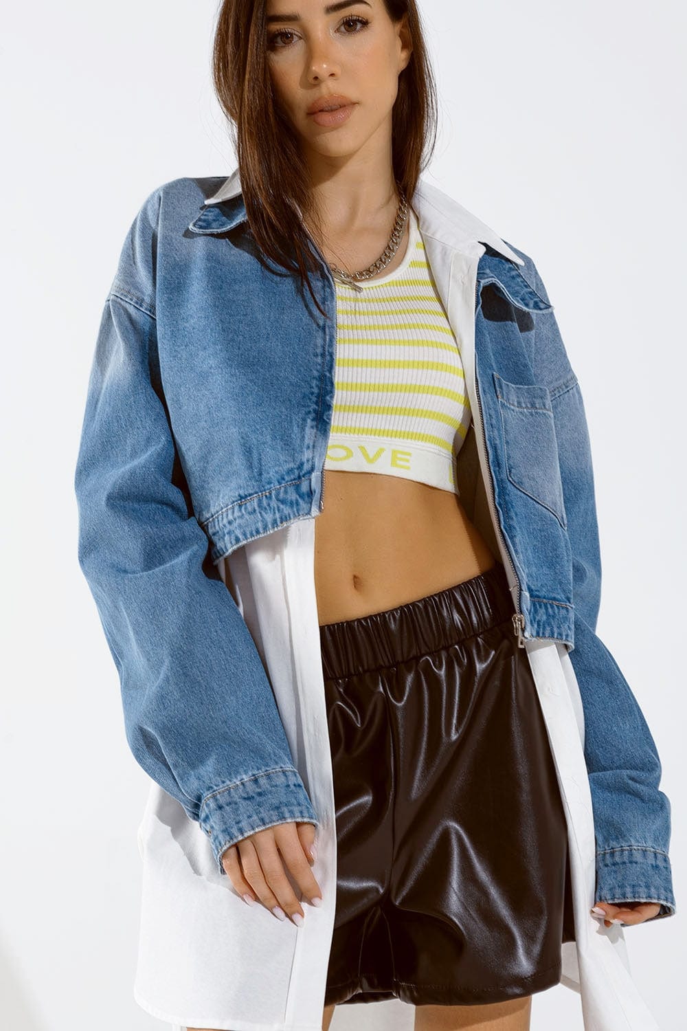 Q2 Women's Outerwear Cropped Denim Jacket With Zipper Closure And Hand Painted Print At The  Back