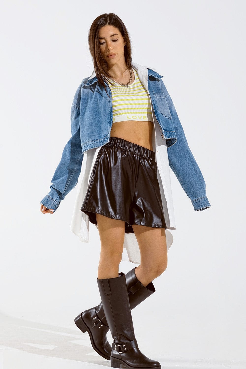 Q2 Women's Outerwear Cropped Denim Jacket With Zipper Closure And Hand Painted Print At The  Back