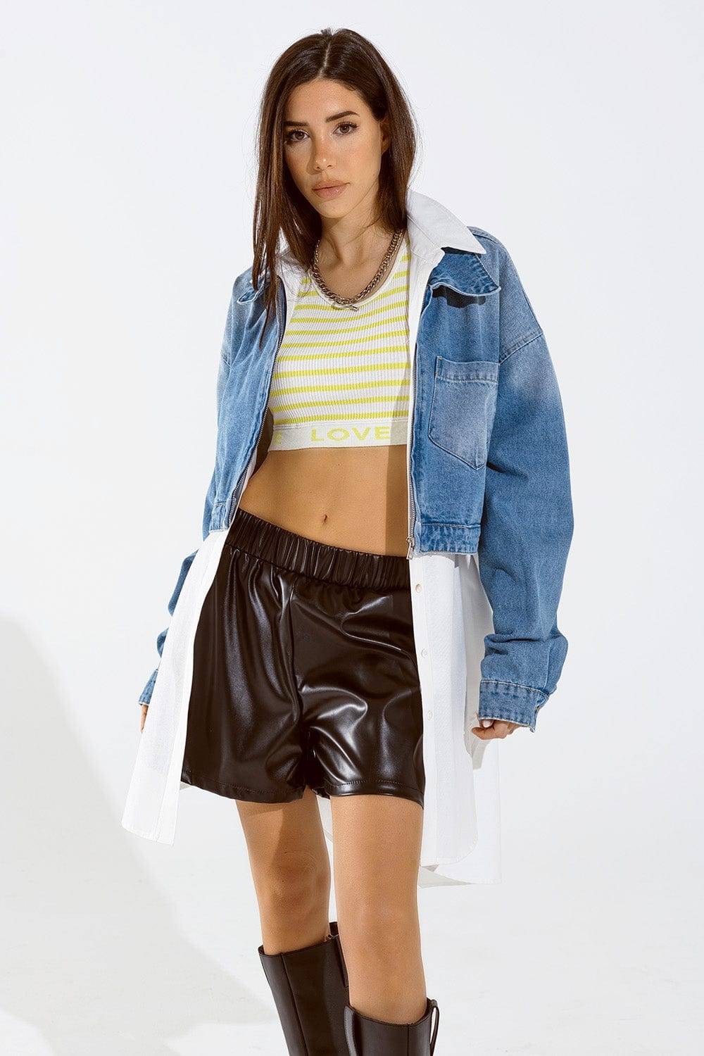 Q2 Women's Outerwear Cropped Denim Jacket With Zipper Closure And Hand Painted Print At The  Back