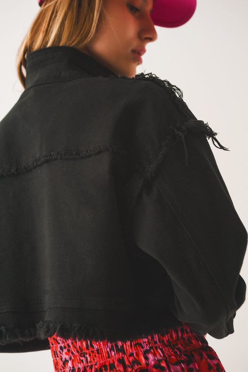 Q2 Women's Outerwear Cropped Denim Trucker Jacket in Black