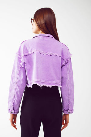 Q2 Women's Outerwear Cropped Denim Trucker Jacket in Purple