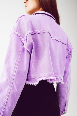 Q2 Women's Outerwear Cropped Denim Trucker Jacket in Purple