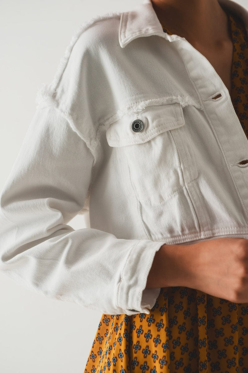 Q2 Women's Outerwear Cropped Denim Trucker Jacket in White
