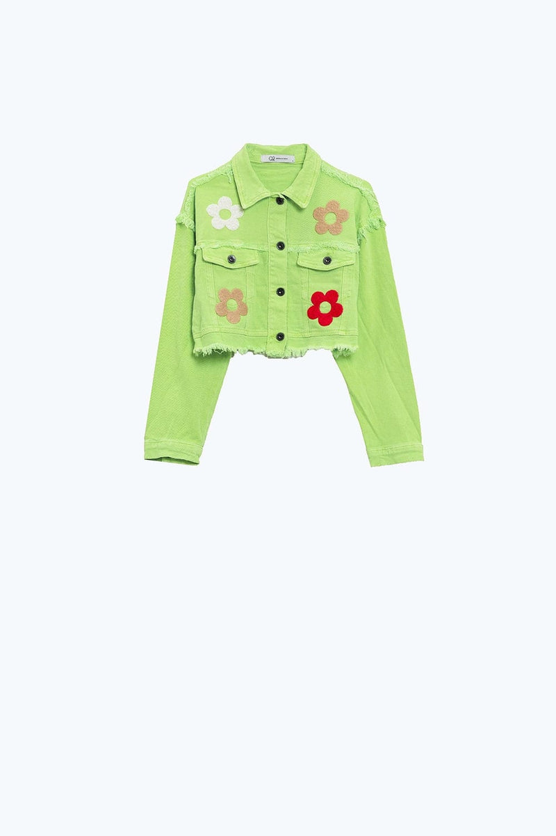 Q2 Women's Outerwear Cropped Jacket With Chest Pockets And Flower Details In Green