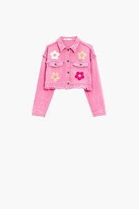 Q2 Women's Outerwear Cropped Jacket With Chest Pockets And Flower Details In Pink