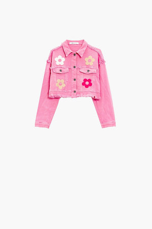 Q2 Women's Outerwear Cropped Jacket With Chest Pockets And Flower Details In Pink