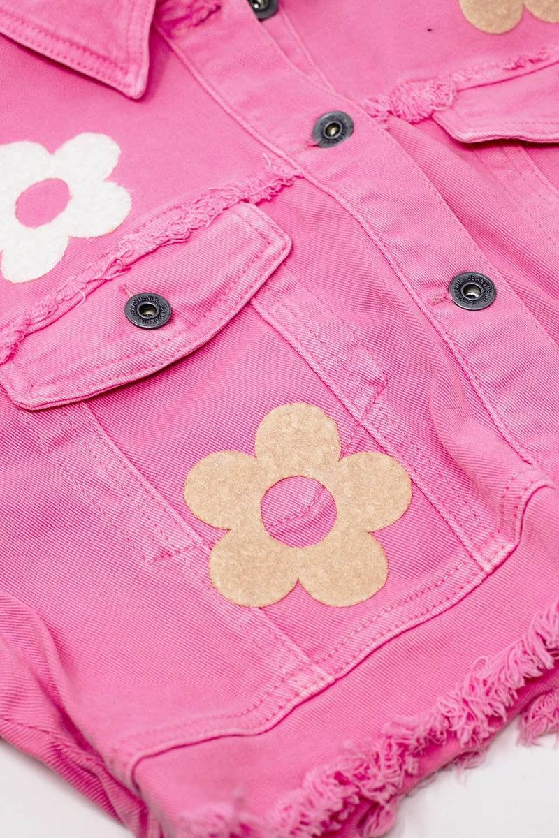 Q2 Women's Outerwear Cropped Jacket With Chest Pockets And Flower Details In Pink