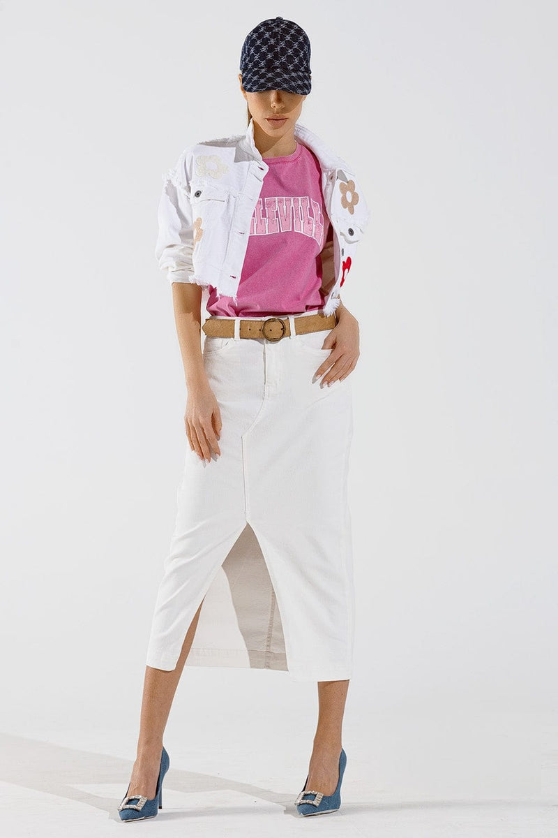 Q2 Women's Outerwear Cropped Jacket With Chest Pockets And Flower Details In White
