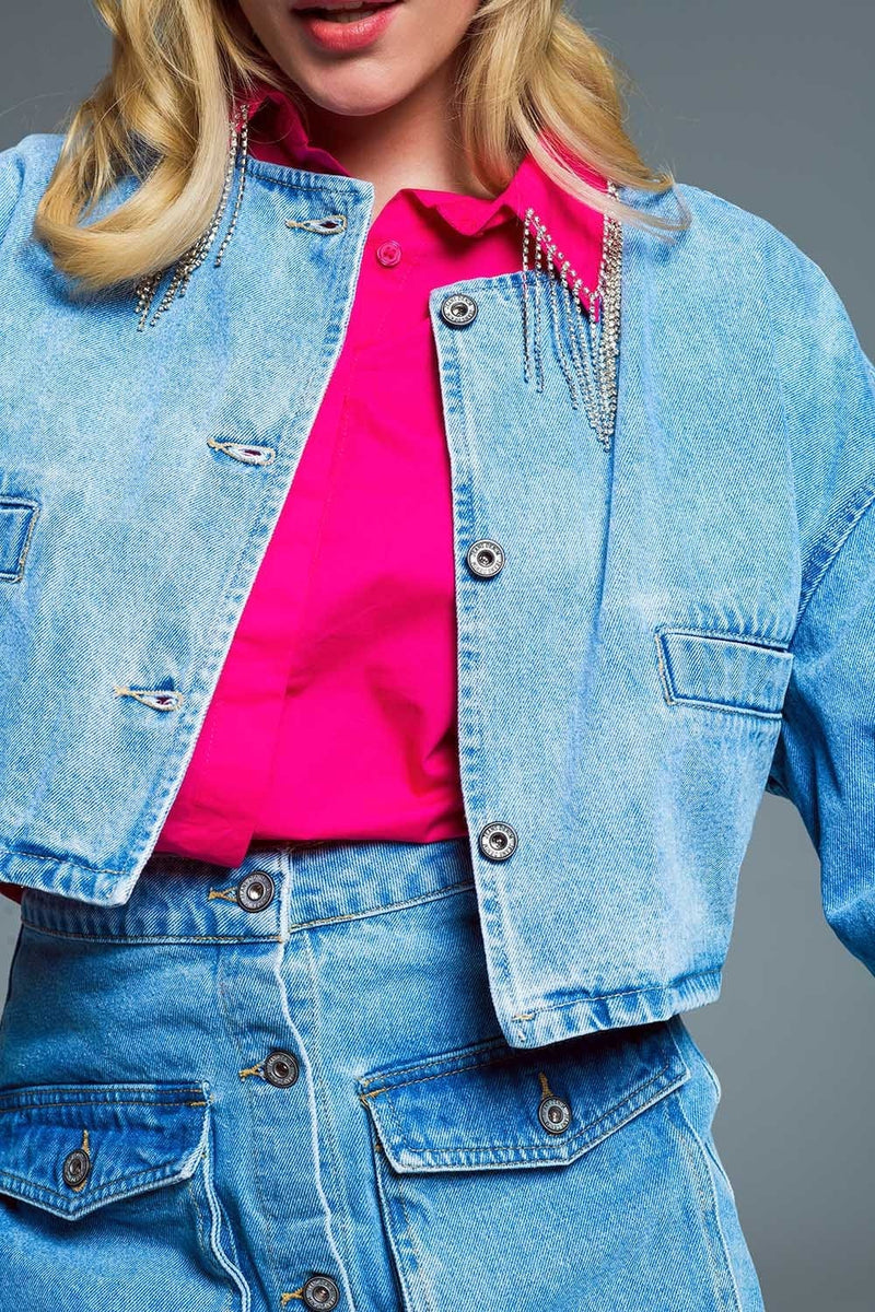 Q2 Women's Outerwear Cropped Relaxed Denim Jacket With Chest Welt Pockets In Light Wash