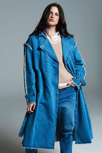 Q2 Women's Outerwear Demin Trench Coat With Belt And Raw Edges In Mid Wash