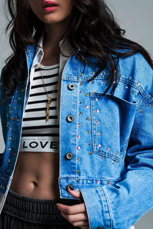 Q2 Women's Outerwear Denim Cropped Jacket In Blue With Studs And Chest Pockets