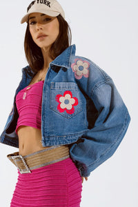 Q2 Women's Outerwear Denim Cropped Jacket With Flower Details