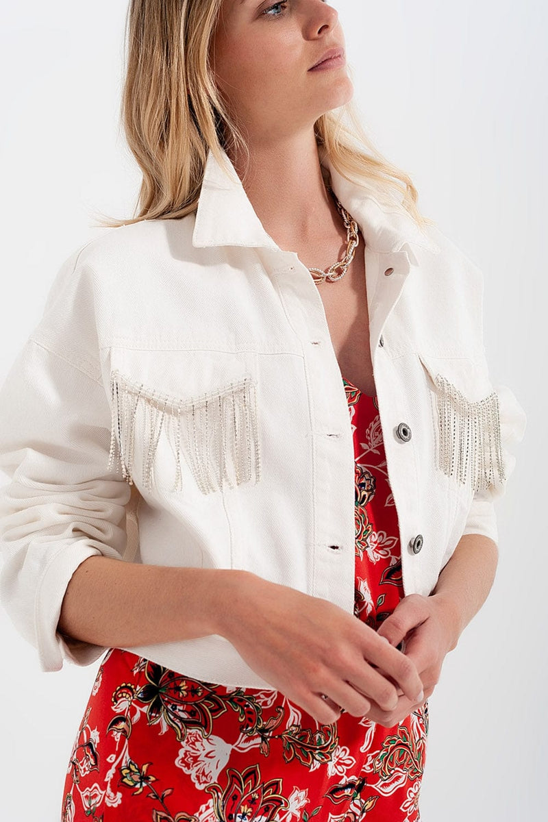 Q2 Women's Outerwear Denim Jacket with Diamante Fringing in White