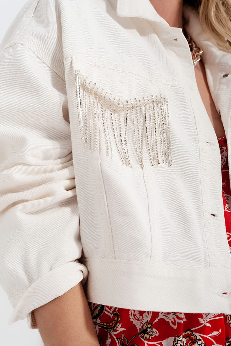 Q2 Women's Outerwear Denim Jacket with Diamante Fringing in White