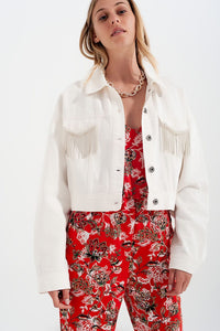 Q2 Women's Outerwear Denim Jacket with Diamante Fringing in White