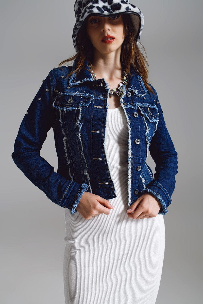 Q2 Women's Outerwear Denim Jacket With Frayed And Embroidered Details In Midwash