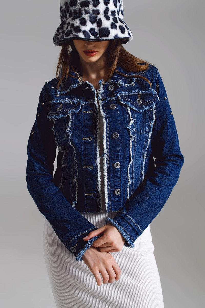 Q2 Women's Outerwear Denim Jacket With Frayed And Embroidered Details In Midwash