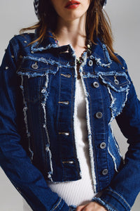 Q2 Women's Outerwear Denim Jacket With Frayed And Embroidered Details In Midwash