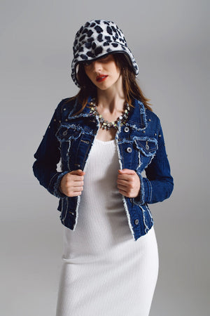 Q2 Women's Outerwear Denim Jacket With Frayed And Embroidered Details In Midwash