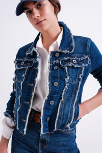 Q2 Women's Outerwear Denim Jacket with Frayed Design and Unfinished Hem