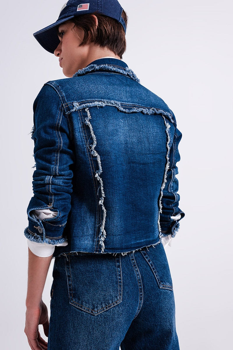 Q2 Women's Outerwear Denim Jacket with Frayed Design and Unfinished Hem