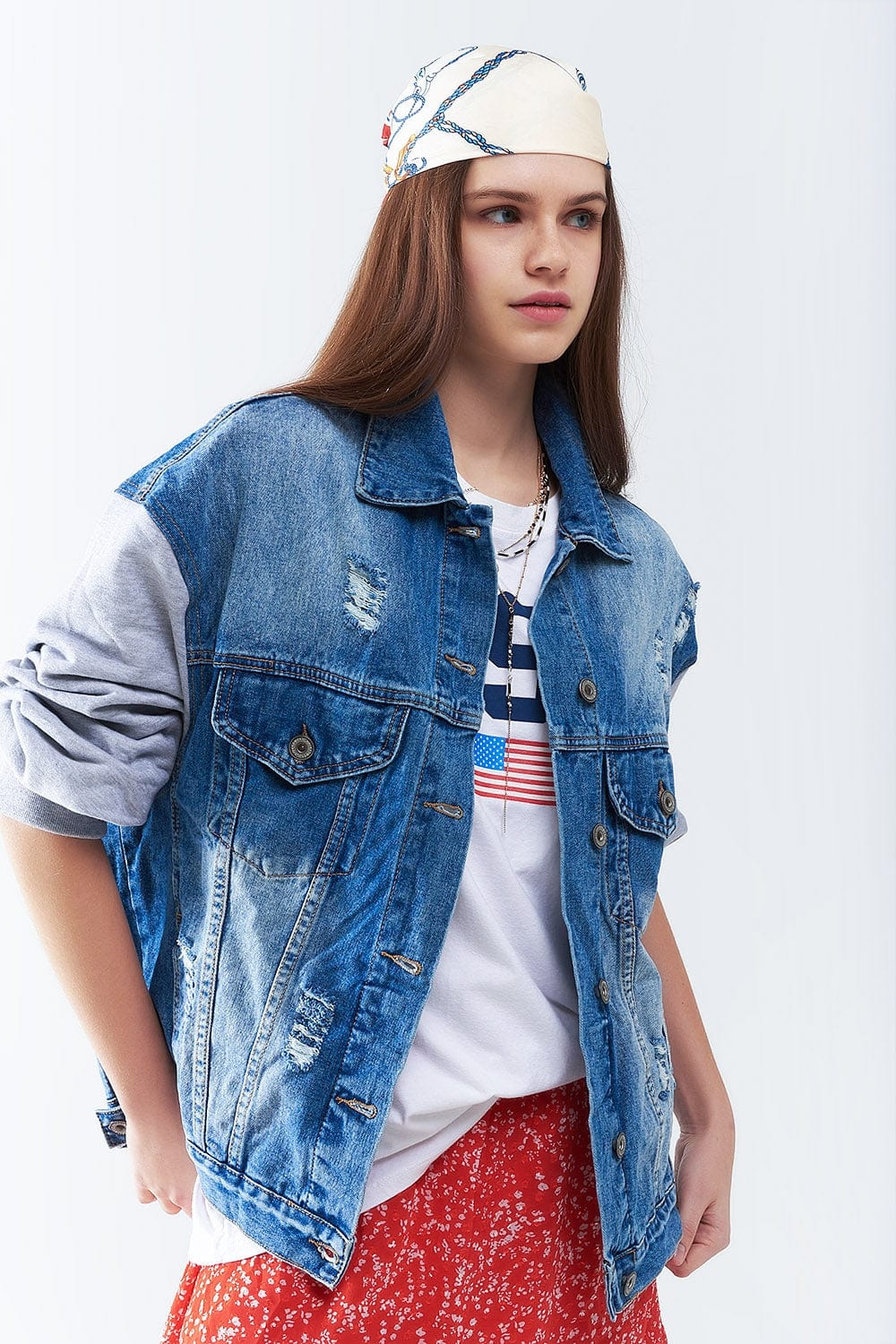 Q2 Women's Outerwear Denim Jacket With Jogging Fabric Sleeves