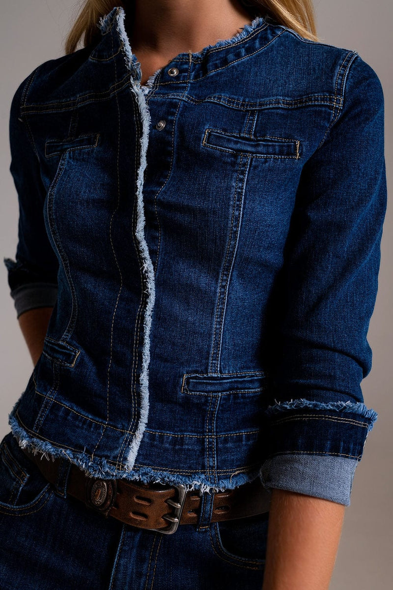 Q2 Women's Outerwear Denim Jacket With Raw Hem Edge