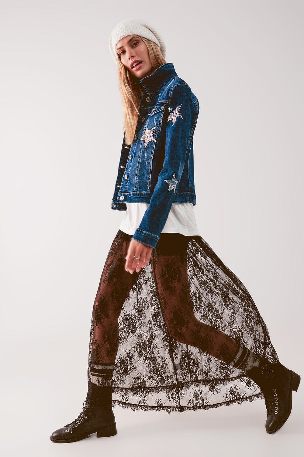 Q2 Women's Outerwear Denim Jacket with Star Embellishment in Midwash