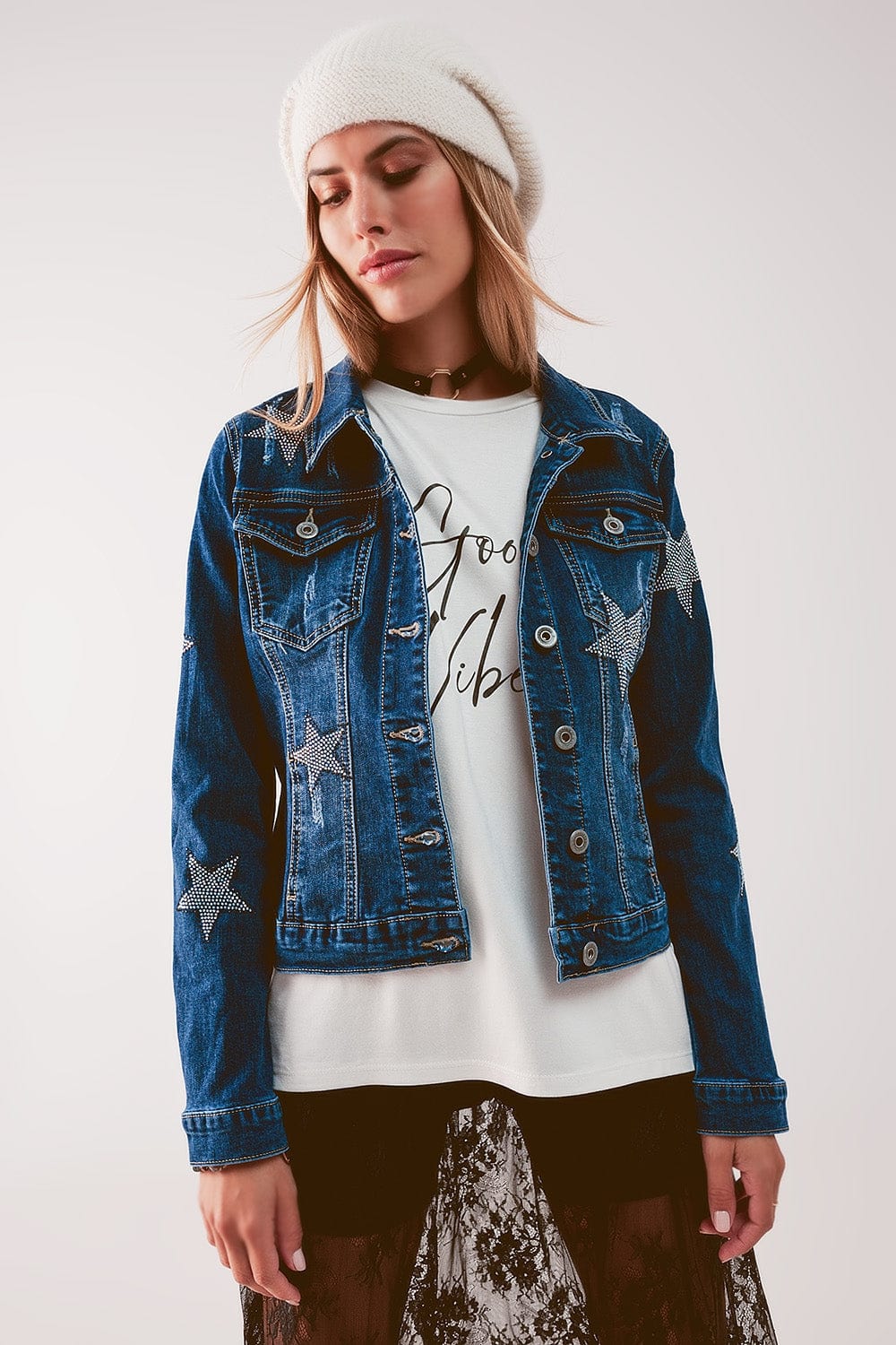 Q2 Women's Outerwear Denim Jacket with Star Embellishment in Midwash