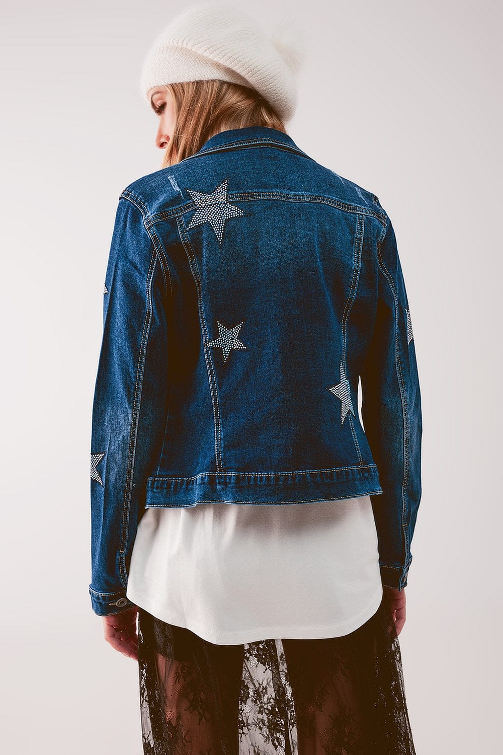 Q2 Women's Outerwear Denim Jacket with Star Embellishment in Midwash