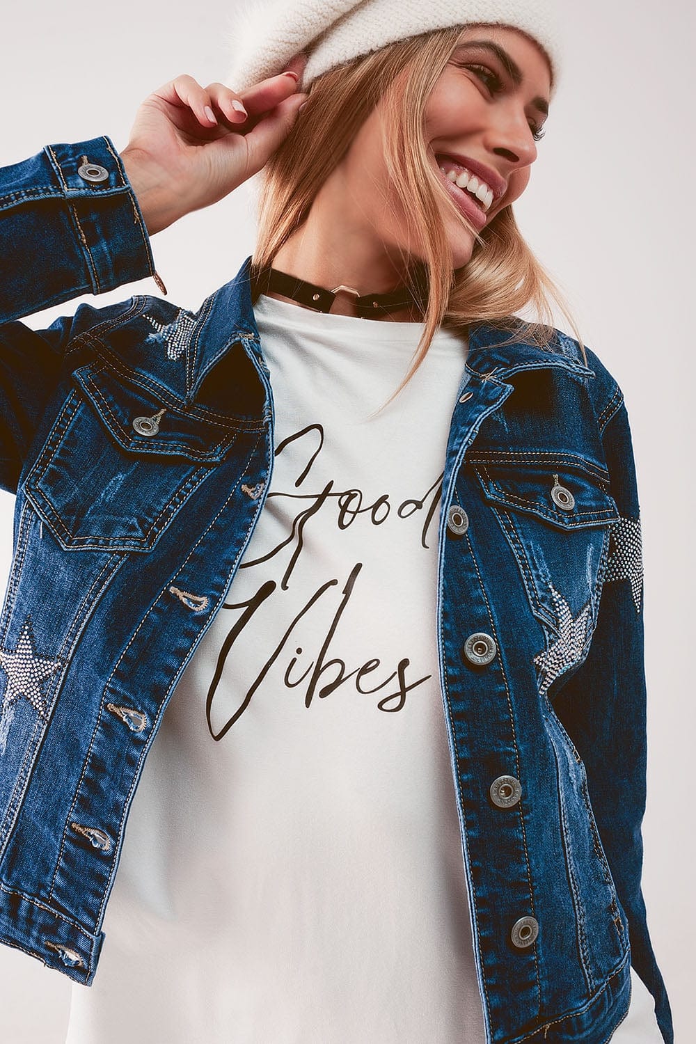 Q2 Women's Outerwear Denim Jacket with Star Embellishment in Midwash