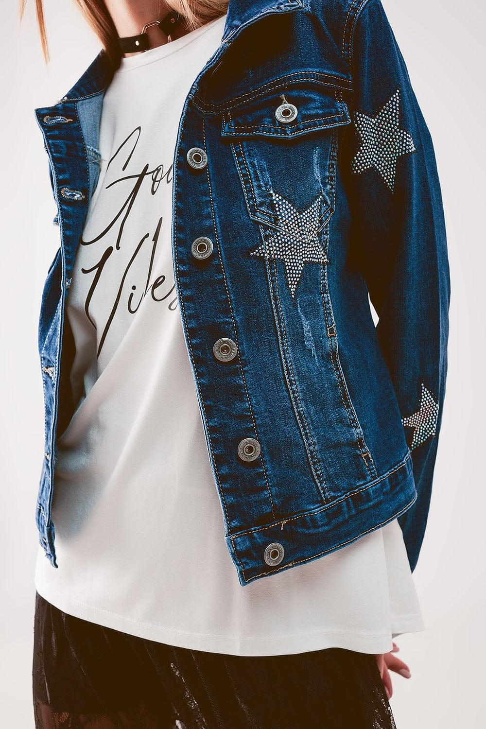 Q2 Women's Outerwear Denim Jacket with Star Embellishment in Midwash