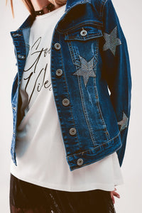 Q2 Women's Outerwear Denim Jacket with Star Embellishment in Midwash