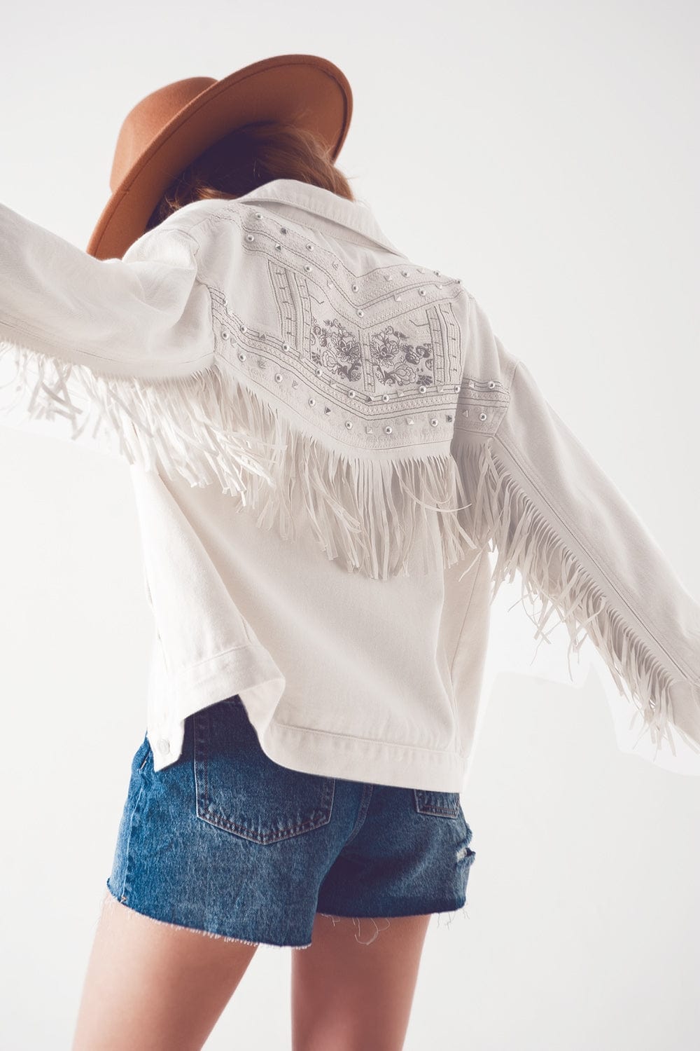 Q2 Women's Outerwear Embellished fringe denim jacket in white