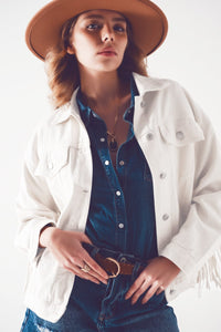 Q2 Women's Outerwear Embellished fringe denim jacket in white