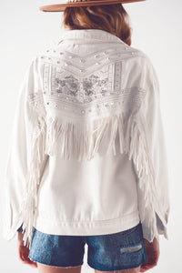 Q2 Women's Outerwear Embellished fringe denim jacket in white